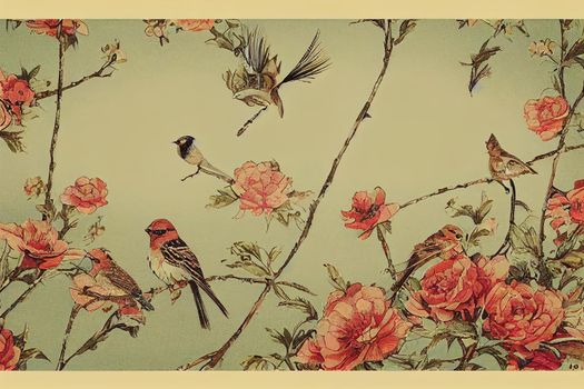 vintage wallpaper design, long twigs and sparrow background, retro style and oil painting effect.. High quality illustration