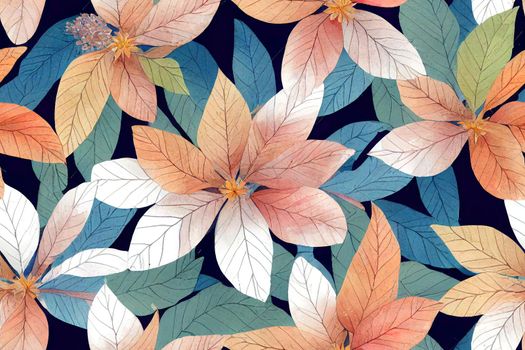 Floral autumn seamless pattern of scattered branches with leaves, flowers and inflorescence hydrangea. Watercolor print on white background in vintage style and pastel colors.. High quality illustration