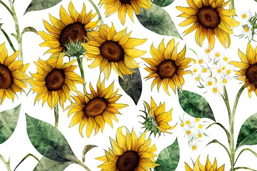 Seamless watercolor pattern with sunflowers and twigs on a white background. Design for wrapping paper, fabric printing and more. High quality illustration