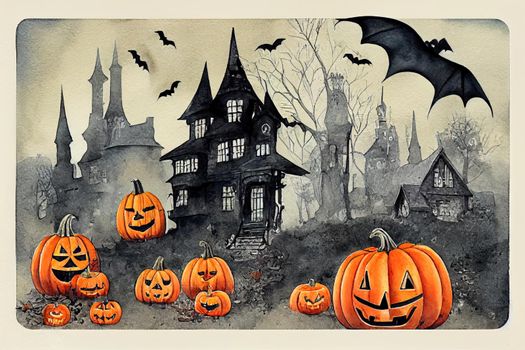 Hand drawn watercolor illustration on the theme of autumn, magic and Halloween. Image with a haunted house, witch, ghosts, bats, pumpkins for postcards, design, posters, typography, and more.. High quality illustration