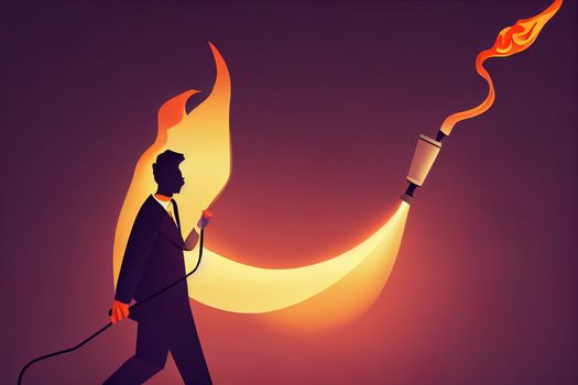 Business concept illustration of a businessman walking with torch in the dark woods. High quality illustration