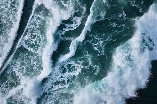 Beautiful texture of big power dark ocean waves with white wash. Aerial top view footage of fabulous sea tide on a stormy day. Drone filming breaking surf with foam in Indian ocean. Big swell in Bali.. High quality illustration