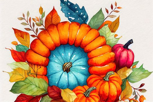 Watercolor illustration pumpkin pie in a round wreath of autumn branches, fruits, autumn vibrations, leaf fall, card, autumn leaves.. High quality illustration
