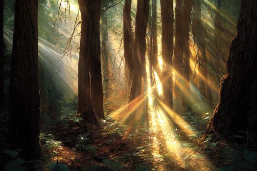 Sunbeams pour through trees in forest. High quality illustration