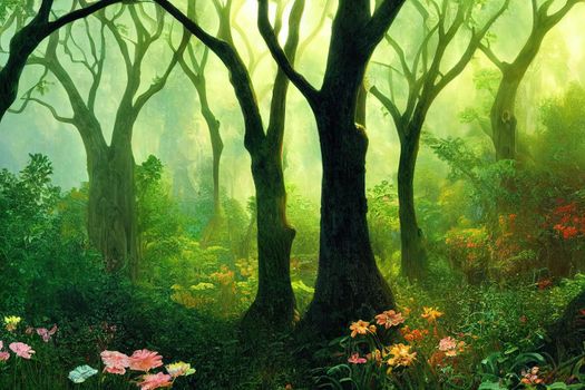A beautiful enchanted forest with big fairytale trees and great vegetation. Digital Painting Background, Illustration.. High quality illustration