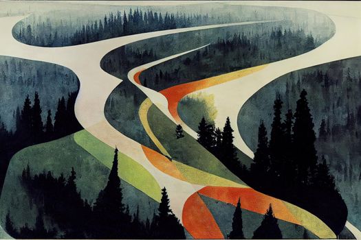 Aerial view of a highway road through the forest in summer and winter.. High quality illustration