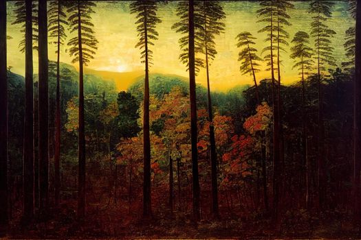 Dawn over the forest landscape. Forest trees at dawn. Sunrise over woods. Forest land at dawn landscape. High quality illustration
