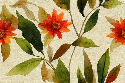 Watercolor autumn floral seamless border. Frame with fall maple, rowan, grape leaf and chrysanthemum flower. Botanical pattern for design thanksgiving card, invitation. Isolated on white background.. High quality illustration
