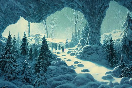 Passage through the rocks in the winter forest. Winter snow forest rocks pass. High rocks in winter snow forest. Pass in winter snow forest. High quality illustration