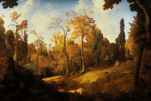Forest panorama in autumn with bright sun. High quality illustration
