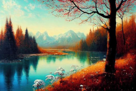 Original oil painting of beautifl spring landscape, forest,snow mountains and river on canvas.Modern Impressionism, modernism,marinism. High quality illustration