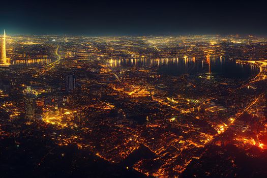 Wireless network and Connection technology concept with Bangkok city background at night in Thailand, panorama view. High quality illustration