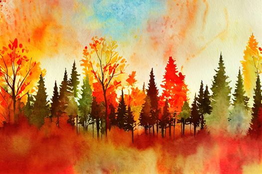 Watercolor autumn trees of yellow, red, orange color. Autumn forest,hill. Watercolor art background. Beautiful splash of paint. Abstract creative background. Country landscape, park. Eco poster. High quality illustration