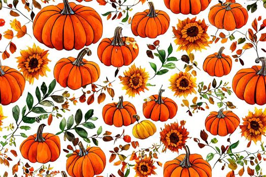 Autumn bouquet of pumpkins, sunflower, berries, fallen leaves. Seamless pattern with flower arrangement, watercolor illustration on a white background. Halloween holiday design, Thanksgiving, harvest. High quality illustration