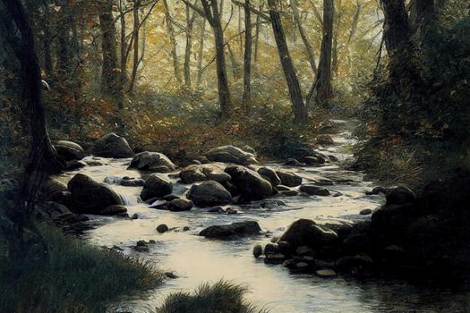 A stream in a deep forest. Wilderness forest creek. Cold creek in woodland. Forest stream landscape. High quality illustration
