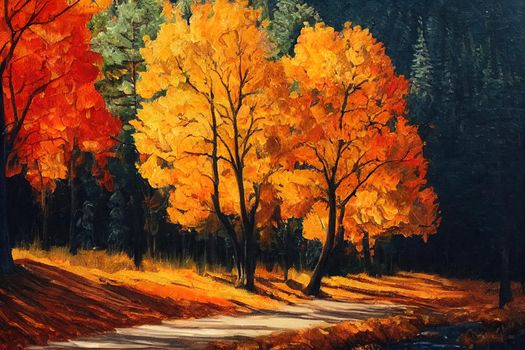 Autumn forest in village, Oregon. Oil painting.. High quality illustration