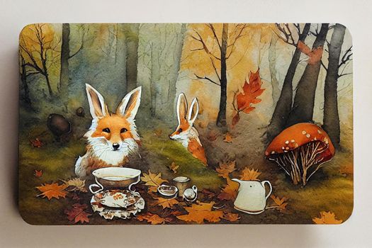 Watercolor square card with a fox and a hare, a rabbit, bunny drinking tea on the table mushroom, in the autumn forest, autumn vibes, leaves fall, watercolor texture, inscription cozy autumn.. High quality illustration