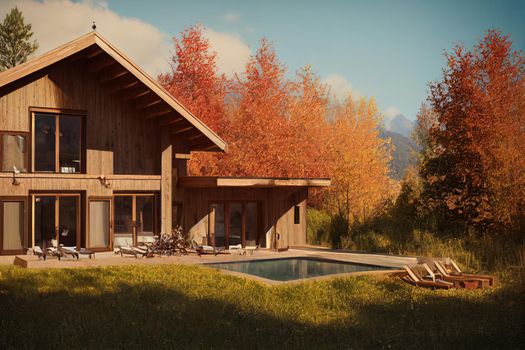 3d rendering of modern cozy chalet with pool and parking for sale or rent. Beautiful forest mountains on background. Massive timber beams columns. Clear sunny autumn day with golden leaves anywhere.. High quality illustration