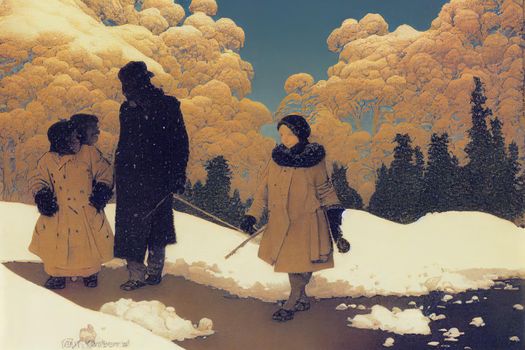 Father and mother with two small children in winter nature, walking in the snow.. High quality illustration