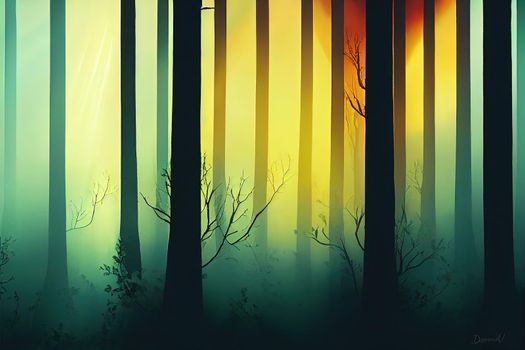 The sunbeams in the dark forest. Sunbeam forest trees. Forest sunbeams background. Forest sunbeams. High quality illustration