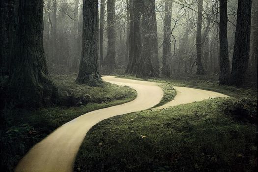 Curved road in the forest between trees. Planking trail in the forest. Green grass grows along the edges of a winding road in the forest.. High quality illustration