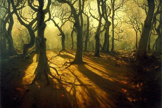 Walk in the woods. Pleasant autumn weather. Sun rays play in the branches of trees.. High quality illustration