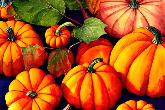 Autumn pumpkins and leaves in watercolor style. High quality illustration