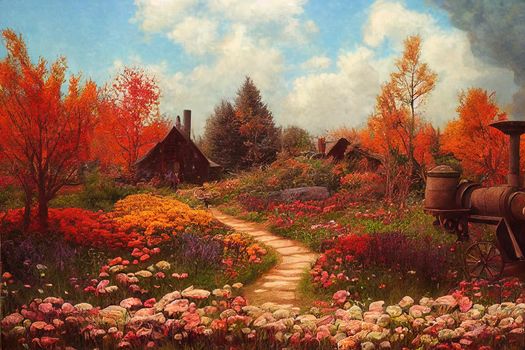 A enchanting garden scene with shovel and wood stove.. High quality illustration