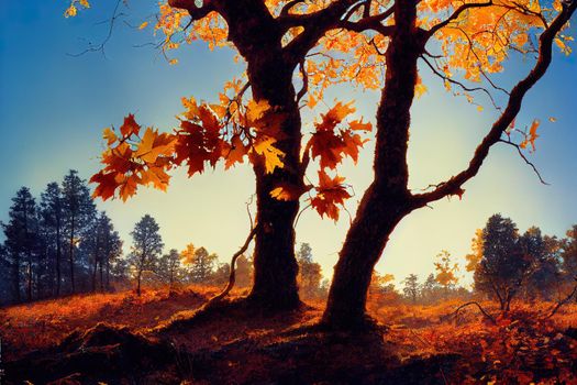 Sunny oak tree in the autumn forest. High quality illustration