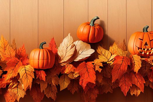 3D background, wood display flat lay podium on natural brown leaf shadow backdrop with Halloween pumpkin. Product promotion Beauty cosmetic autumn showcase. Studio wooden banner platform 3D render.. High quality illustration