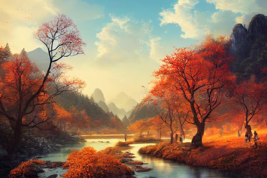 Chinese autumn landscape with autumn trees and majestic mountains. Idyllic and amazing nature scenery. Beautiful season fall background. 3D illustration.. High quality illustration