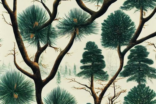 Enchanting view of the forest in winter. The snowfield and beautiful Araucaria araucana trees growing in the woods.. High quality illustration