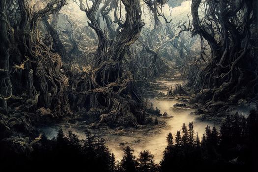 dark forest panorama fantasy landscape. High quality illustration
