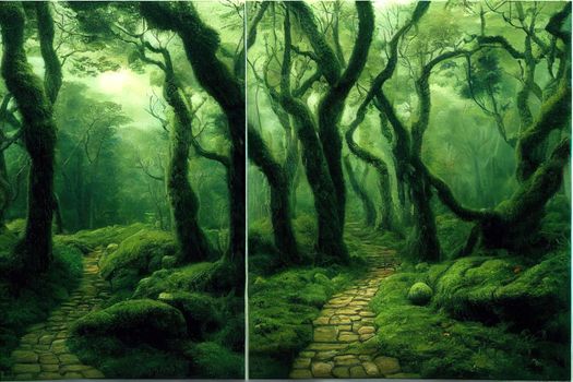 A path in a mossy forest. Forest path way. Path in forest. Forest path view. High quality illustration