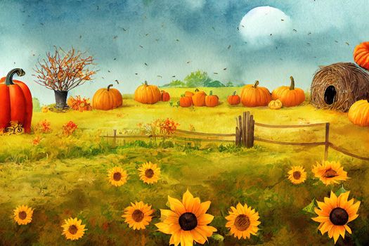Watercolor farmhouse scarecrow illustration, Autumn harvest scene with cute scarecrow, pumpkin, sunflowers, fence, hay, raven,pumpkin patch. Thanksgiving fall background, country graphics.. High quality illustration