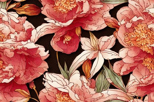 Flowers and leopard beautiful mix seamless pattern illustration. Cherry blossoms, peony, floral elements. Camel color background. Fabric motif texture.. High quality illustration