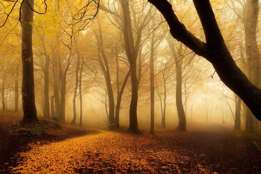 Mysterious pathway. Footpath in the dark, foggy, autumnal, misty forest with high trees. Arch through autumnal forest with yellow leaves. Wide angle panoramic landscape.. High quality illustration