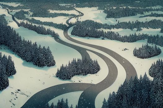 Curvy windy road in snow covered forest, top down aerial view.. High quality illustration