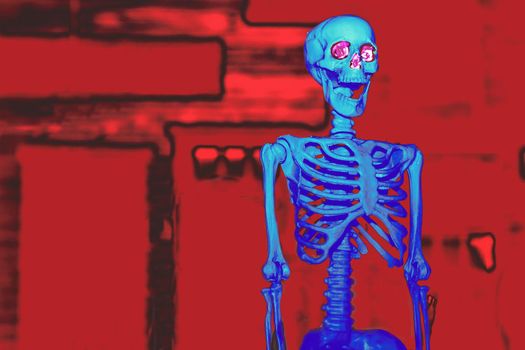 the night of October 31, the eve of All Saints' Day, commonly celebrated by children who dress in costume and go door asking for candy. Light blue poisonous halloween skeleton on red