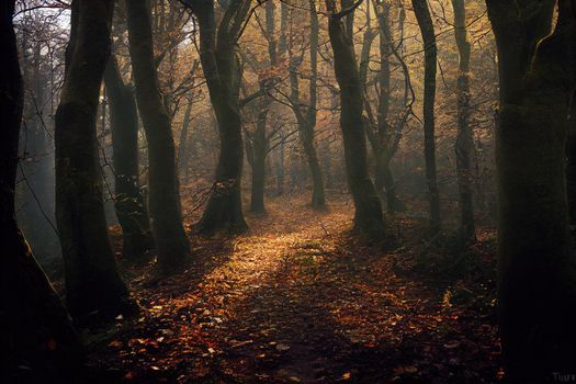 Path through an autumnal beech tree forest in Muziekbos woods, Ronse, Flanders, Belgium. High quality illustration