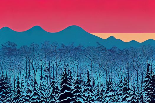 Winter snow forest at sunset. High quality illustration