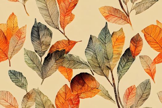 Vertical seamless pattern with summer leaves and plants. botanical illustration. Dusty colors.. High quality illustration