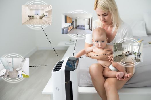 Home smart and technology on virtual screen concept, air purifier online on application adjust and setting for smart home through the internet.