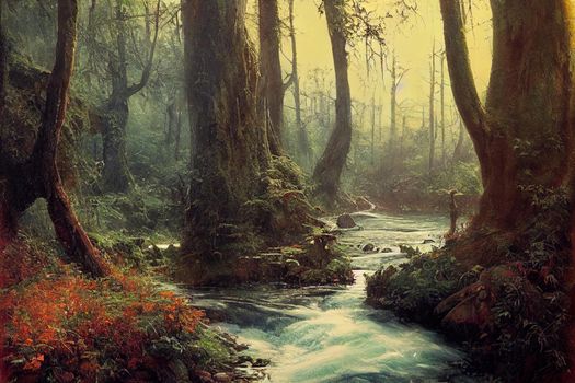 Forest river creek. Stream in the woods. High quality illustration