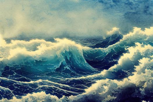 Abstract background of giant waves blasting in the sea A blue beige watercolor scene splashing against the light. For Wallpapers, Banners, Artwork, Templates, Seasons, Effects, Websites, Games.. High quality illustration
