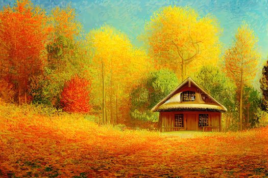 Autumn forest with wooden house on glade. cartoon illustration of deep woods landscape with forester hut, grass and orange trees. Fall scene with cottage. High quality illustration
