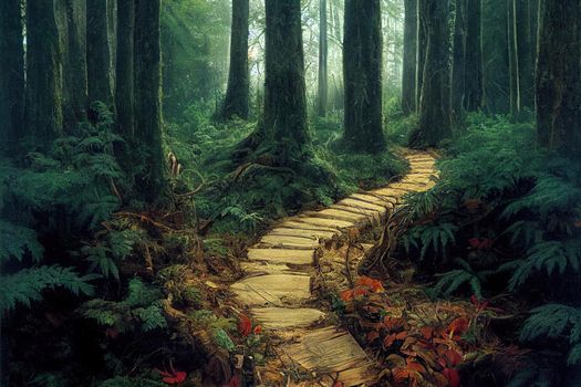 Mysterious path full of roots in the middle of wooden coniferous forrest, surrounded by green bushes and leaves and ferns found in Corse, France. High quality illustration