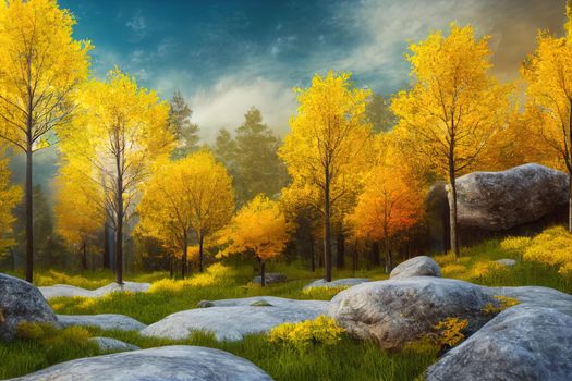 Group of trees among the rocks. Cutout yellow trees in autumn isolated on white background. Forest scape for landscaping or architectural visualisation. Photorealistic 3D rendering.. High quality illustration