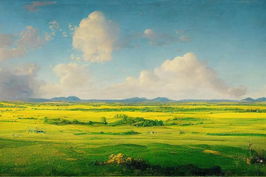 Green meadow under blue sky with clouds. High quality illustration