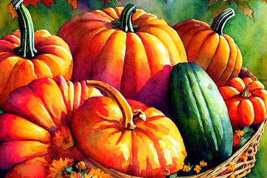 Watercolor Thanksgiving decor elements.Pumpkin and flower composition in basket, fall harvest,autumn squash,vegetables,country farmhouse garden.Autumn wedding illustration with pumpkin and flowers. High quality illustration